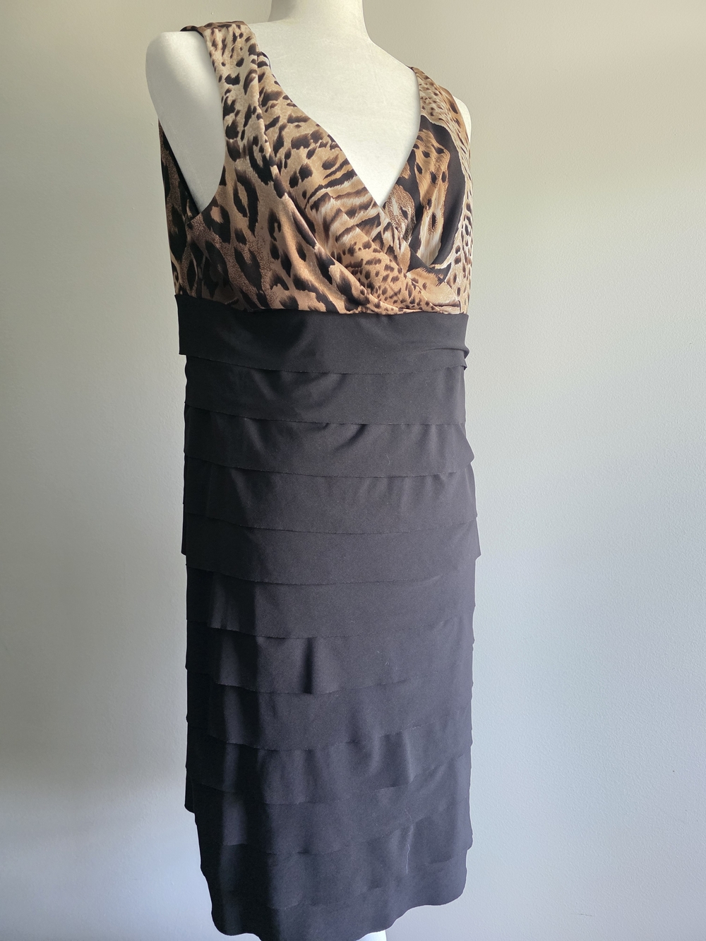 Studio I Size 16 Black Animal Print Tiered Ruffle Sleeveless Dress